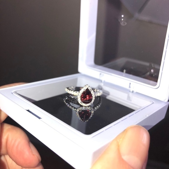 Pear GARNET Cubic Zirconia Halo Sterling Silver S925 Simulated Solitaire Ring - Picture 4 of 6